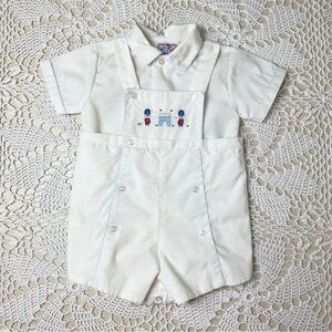 Vintage 1980s Petit Ami Baby Boy 12 Months Castle Soldiers Shortall Shirt Set